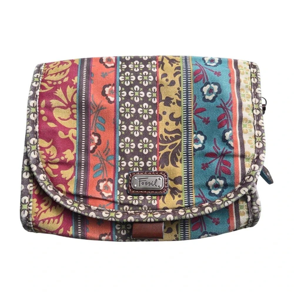 Fossil Vintage Fabric Toiletry Make up Bag Travel Organizer Floral Patchwork